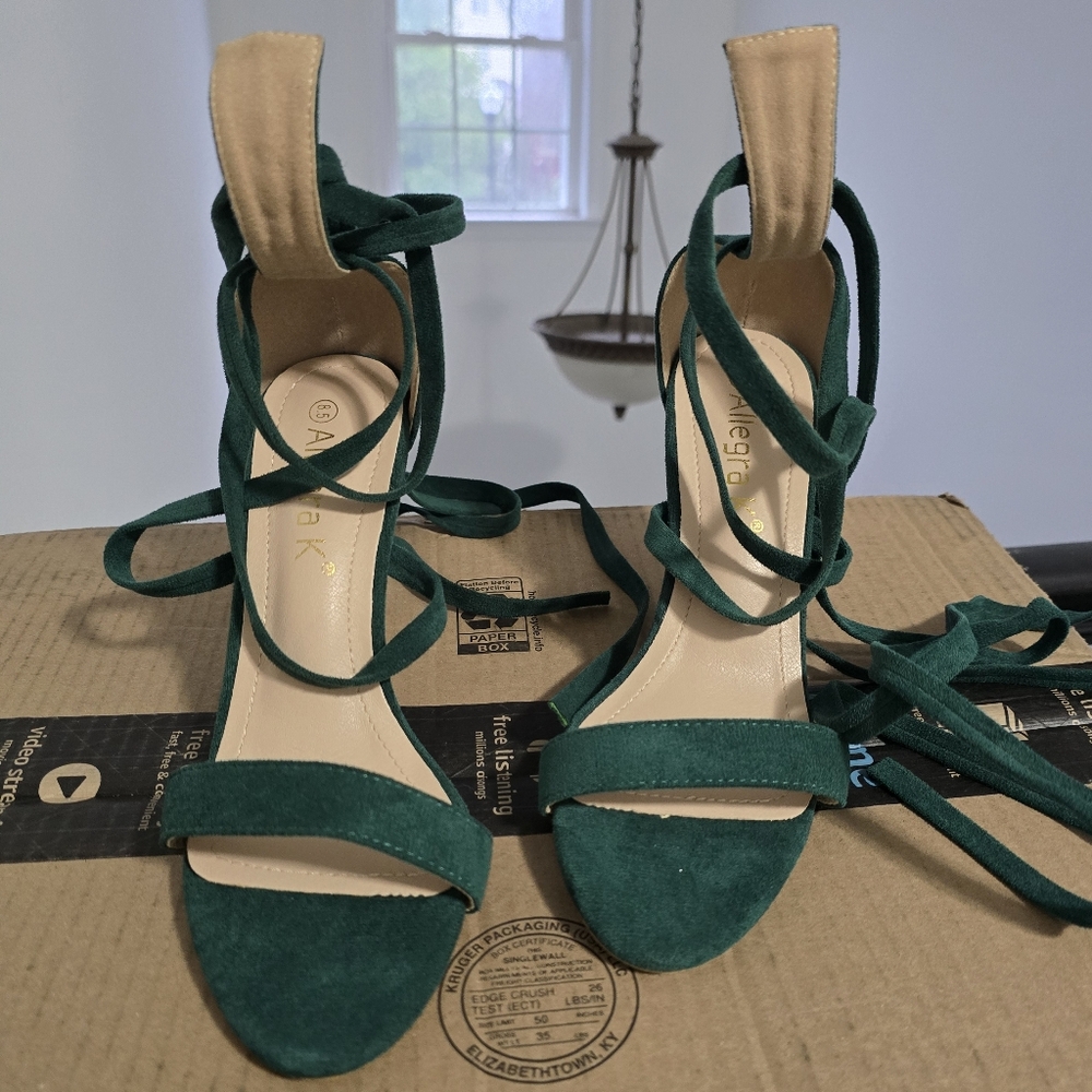 Allegra K Teal Green Suede Lace-Up Heels